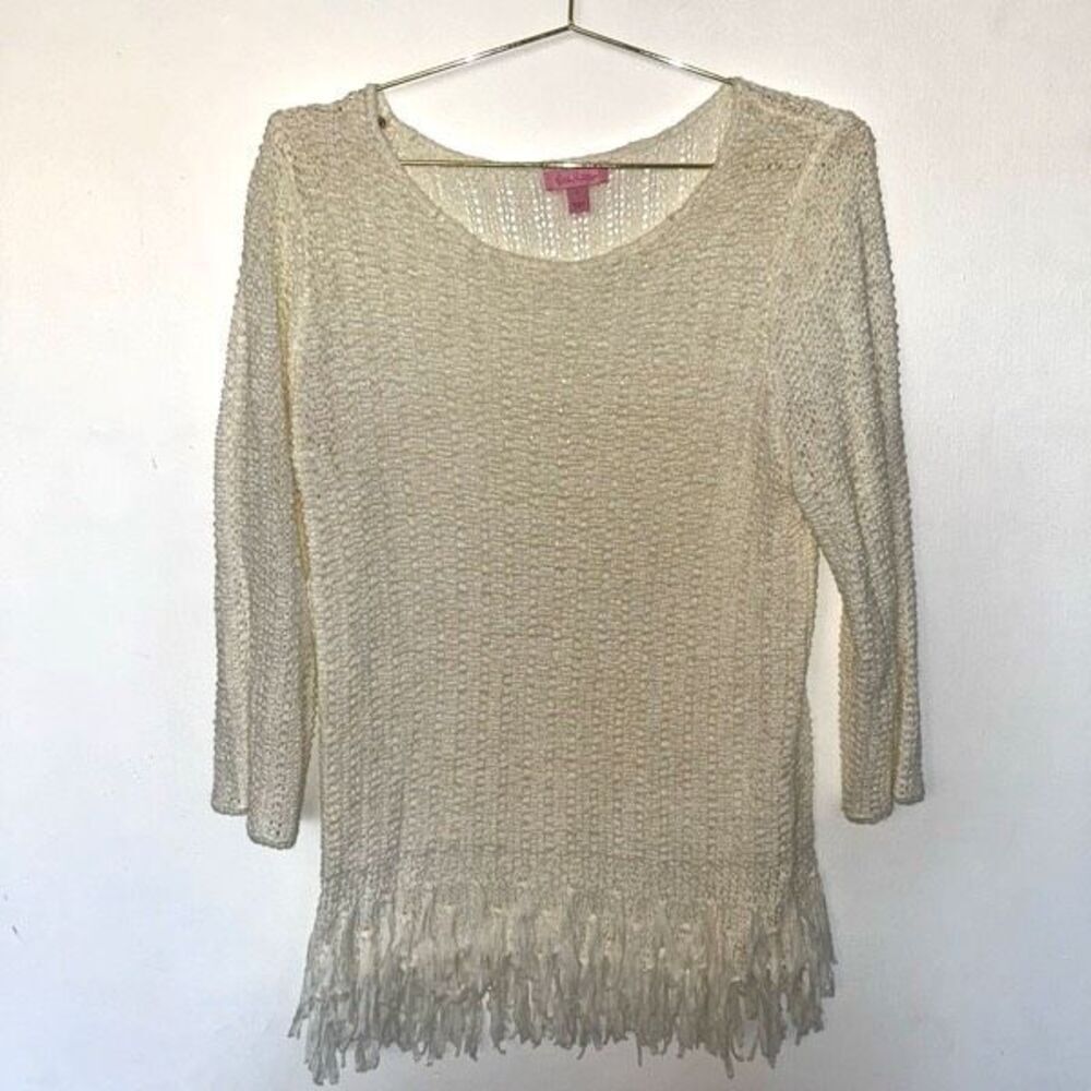 Lilly Pulitzer Cream White Long Sleeve Open Knit Blouse Size L Fringe Boho
